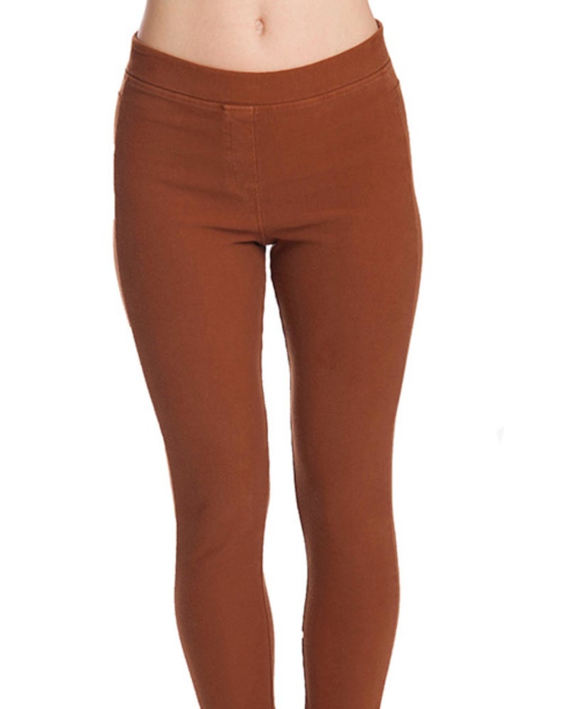 Front of a model wearing a size XXL High Waisted Jegging In Mocha in Mocha by ANGEL. | dia_product_style_image_id:360310